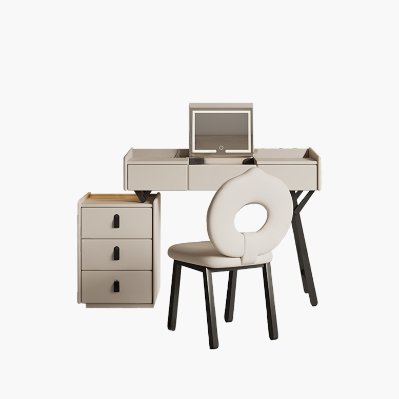Modern desk with chair and small cabinet on a white background