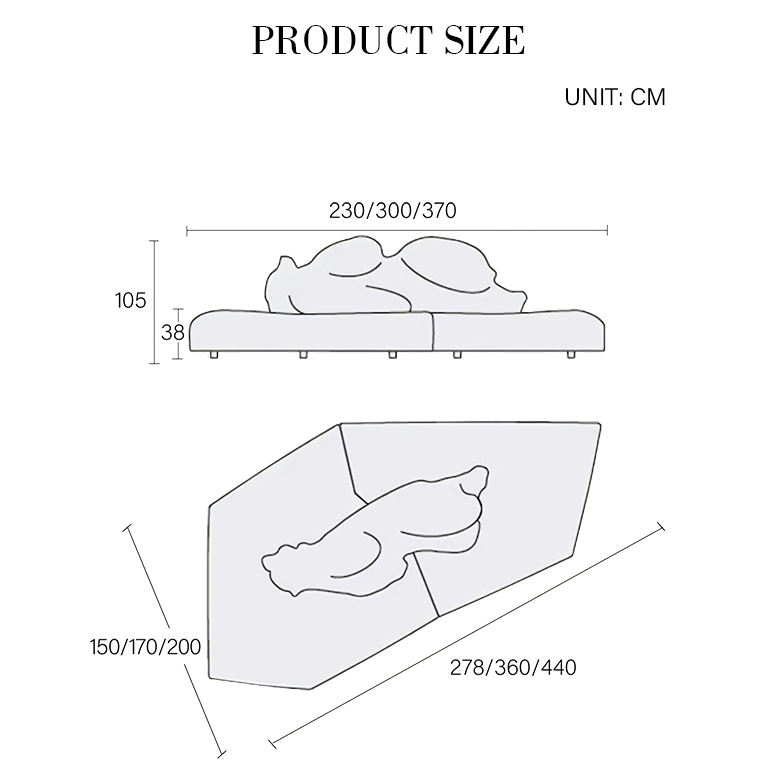 Product size chart with dimensions in centimeters on a white background