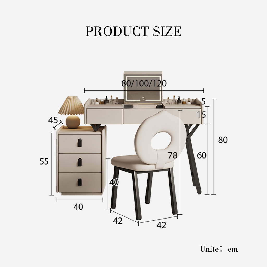 Product size chart with a desk, chair, and lamp on a white background