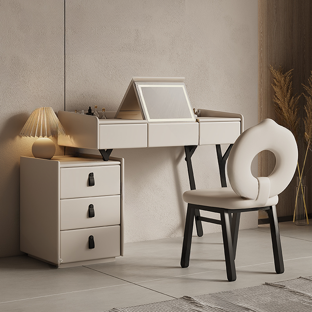 Modern vanity table with mirror, drawers, and chair in a neutral room setting.