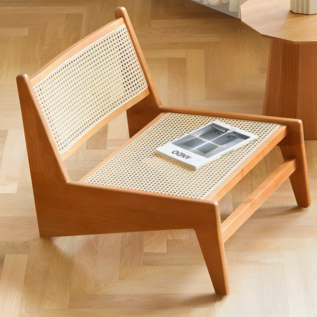 Wooden pet bed with wicker backrest on a wooden floor