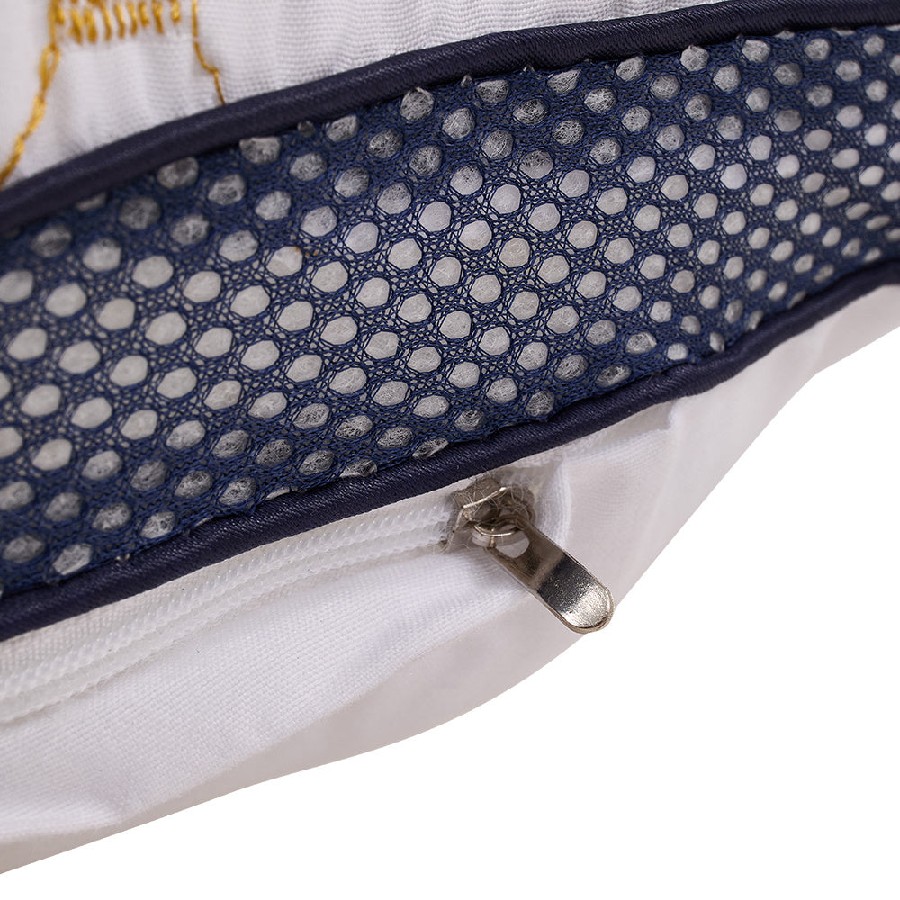 Close-up of a cushion with a textured surface and zipper detail on a white background