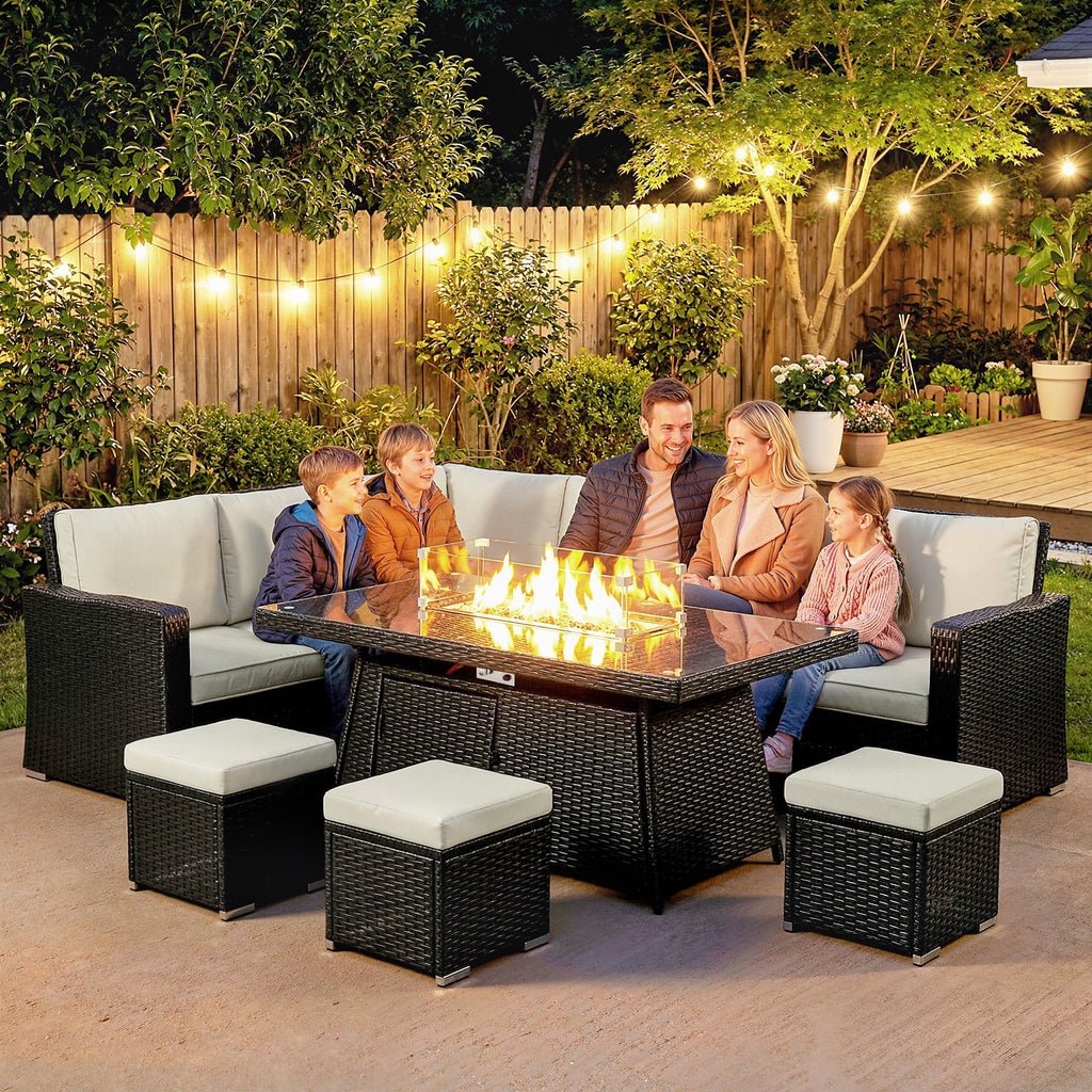 Outsunny 7 Pieces PE Rattan Garden Furniture Set, 50,000 BTU Gas Fire Pit Table, Double Corner Sofa and 3 Footstools