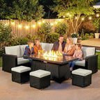 Outsunny 7 Pieces PE Rattan Garden Furniture Set, 50,000 BTU Gas Fire Pit Table, Double Corner Sofa and 3 Footstools
