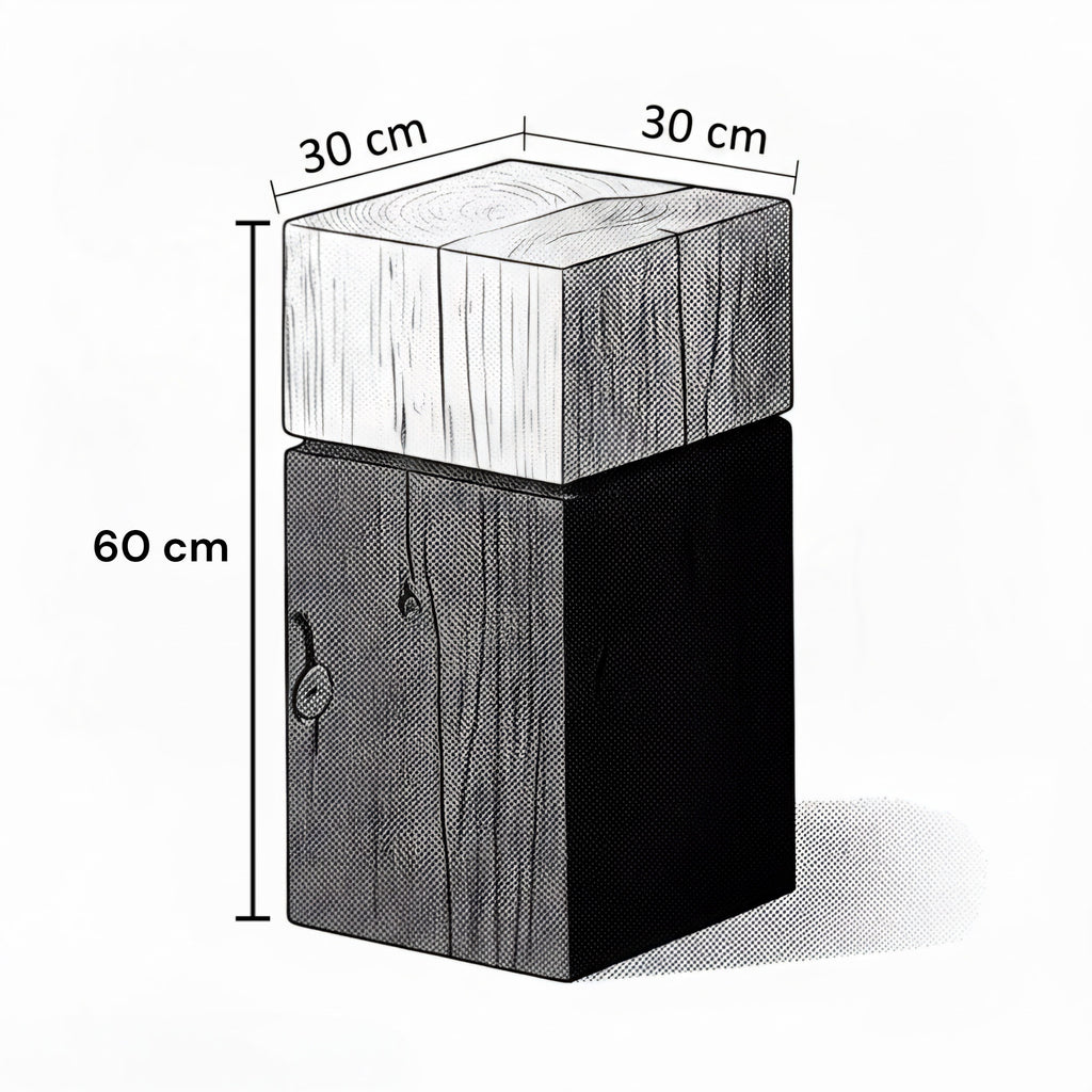 Wooden post with dimensions labeled on a white background