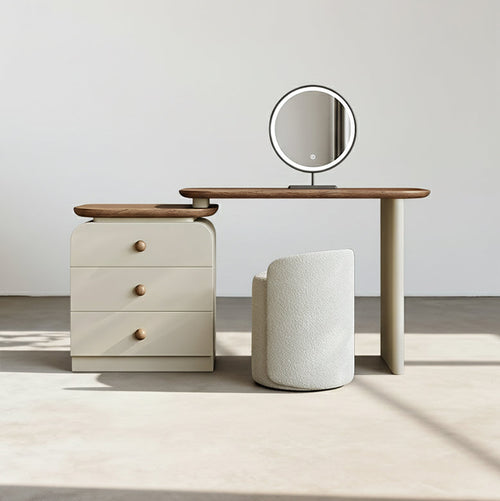 Dressing table with mirror and stool in a minimalistic setting
