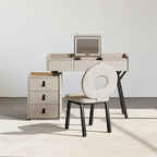 Modern desk with chair and side cabinet against a white wall