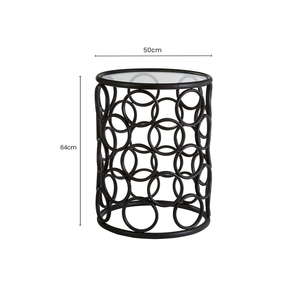 Antalya Black Metal Round Side Table with Glass Top