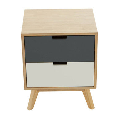 Wooden nightstand with three drawers in natural wood finish and black and white panels on a white background