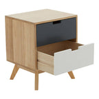 Wooden nightstand with open drawer on a white background