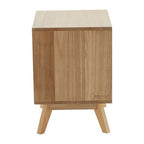 Wooden side table with a light wood finish on a white background