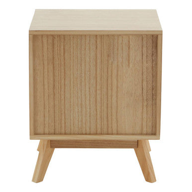 Wooden side table with a light finish on a white background