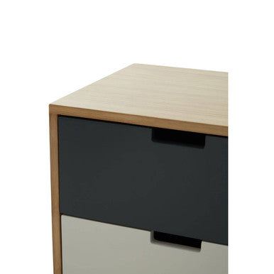 Wooden nightstand with black drawer on a white background