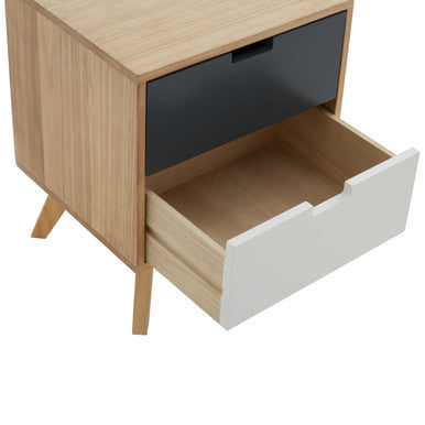Wooden side table with open drawer on a white background