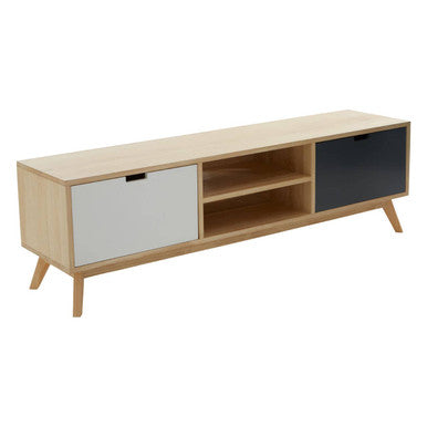Wooden TV stand with storage compartments on a white background