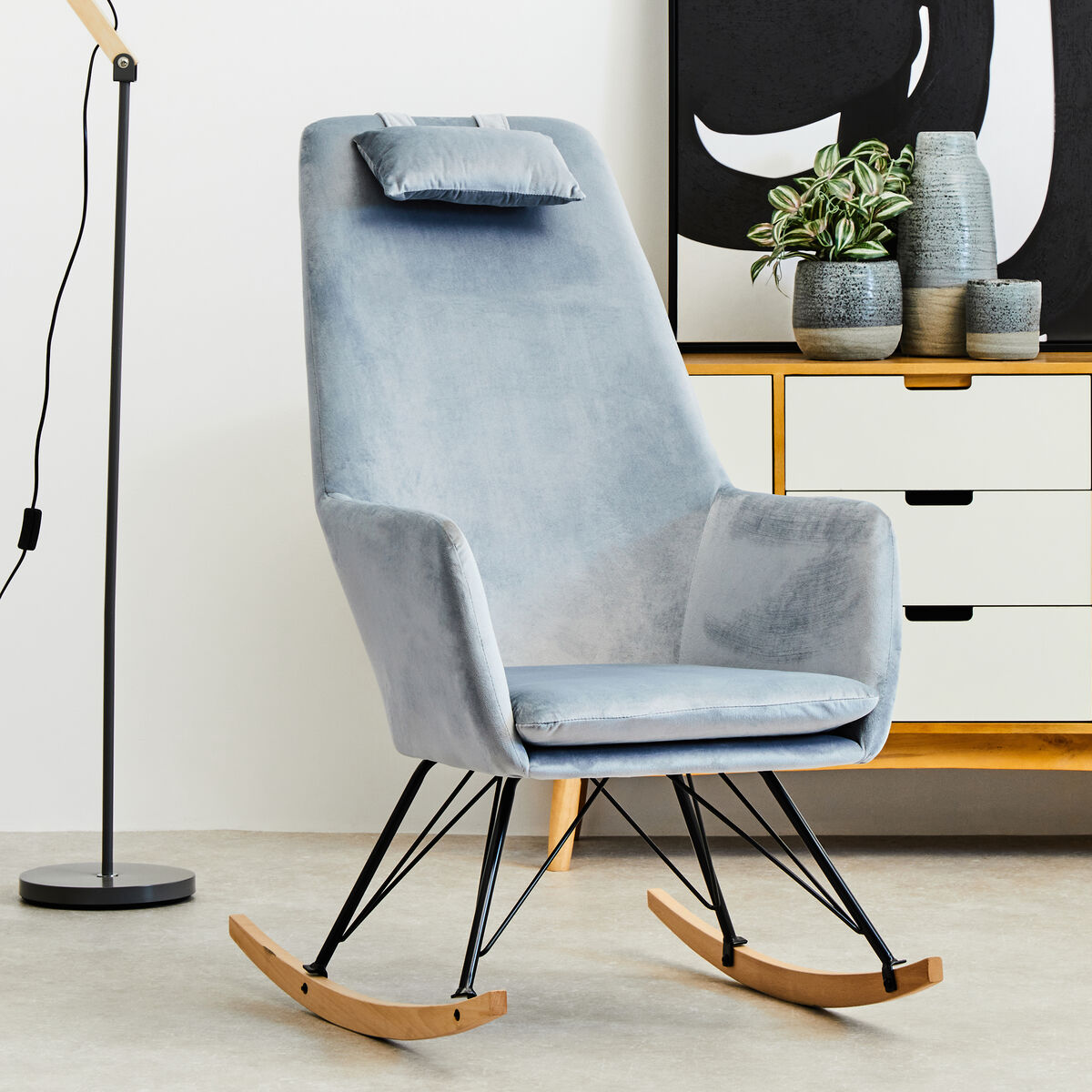 Stockholm Blue Velvet High Back Rocking Chair