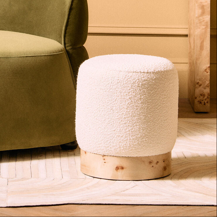 Mota Burl Wood And Cream Boucle Round Stool