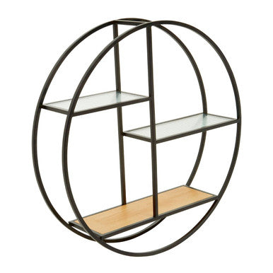 Mataram Wood Effect and Black Metal 3 Tier Round Wall Shelf