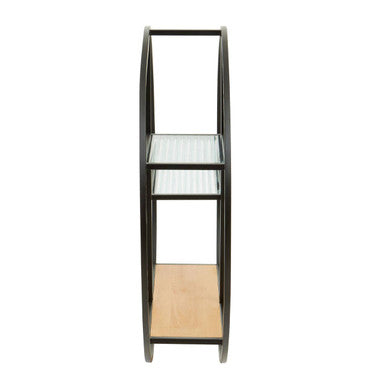 Mataram Wood Effect and Black Metal 3 Tier Round Wall Shelf