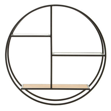 Mataram Wood Effect and Black Metal 3 Tier Round Wall Shelf