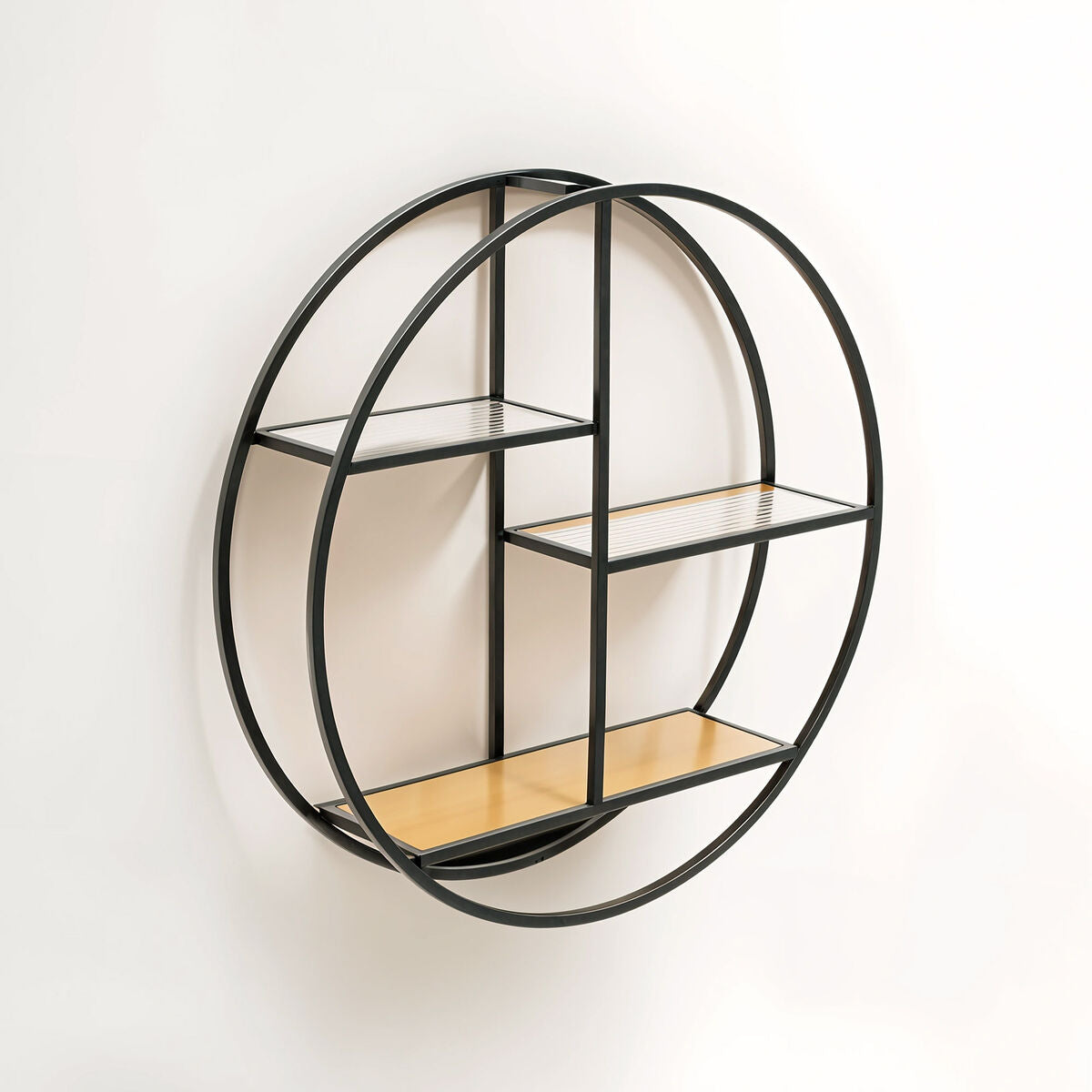 Mataram Wood Effect and Black Metal 3 Tier Round Wall Shelf