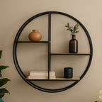 Mataram Wood Effect and Black Metal 3 Tier Round Wall Shelf