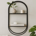 Mataram Black Metal and Wood Effect 2 Tier Wall Shelf