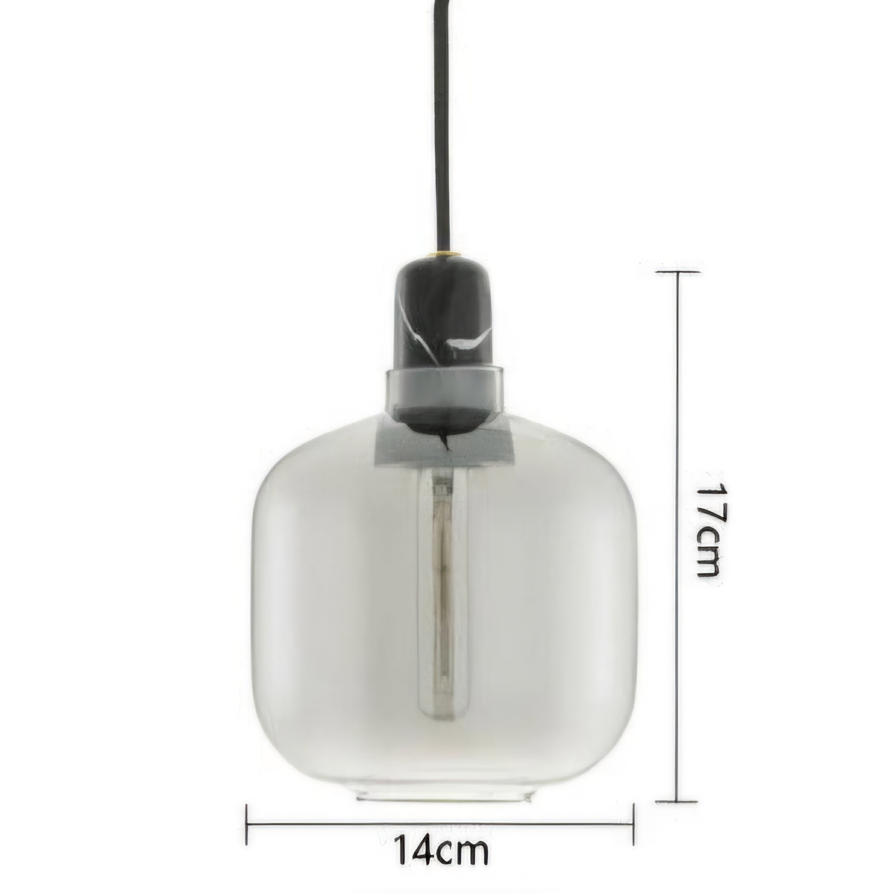 A frosted glass pendant light with a black cord and cap, shown with dimension lines indicating a height of 17cm and a width of 14cm on a white background.