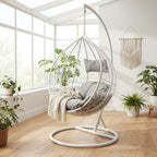 Goa White Rattan Effect Hanging Egg Chair with Grey Cushions
