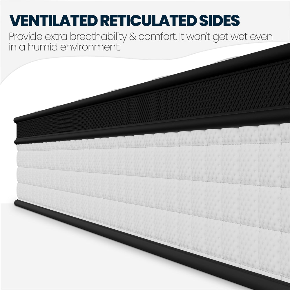 Mattress with ventilated reticulated sides on a white background
