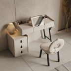 Beige vanity desk with mirror, drawers, and chair in a room setting.