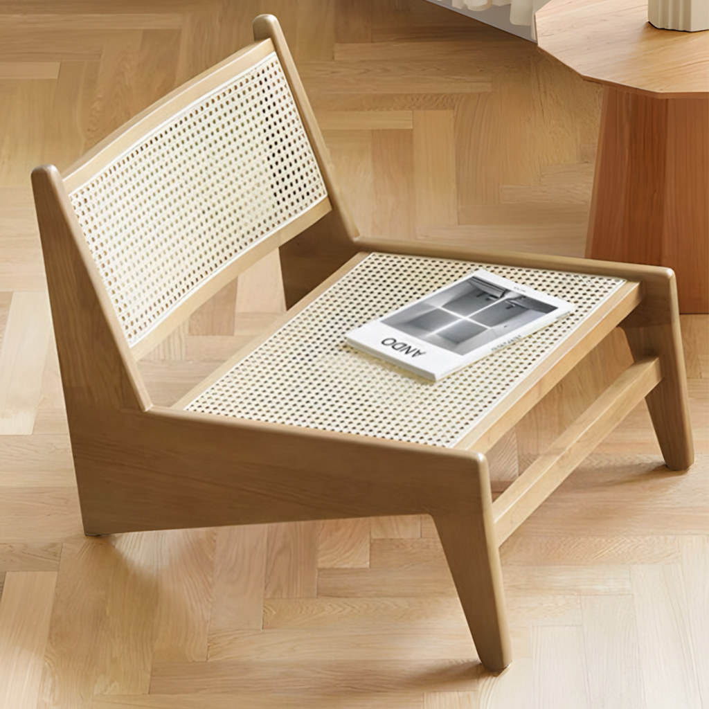 Wooden bench with woven backrest on a wooden floor