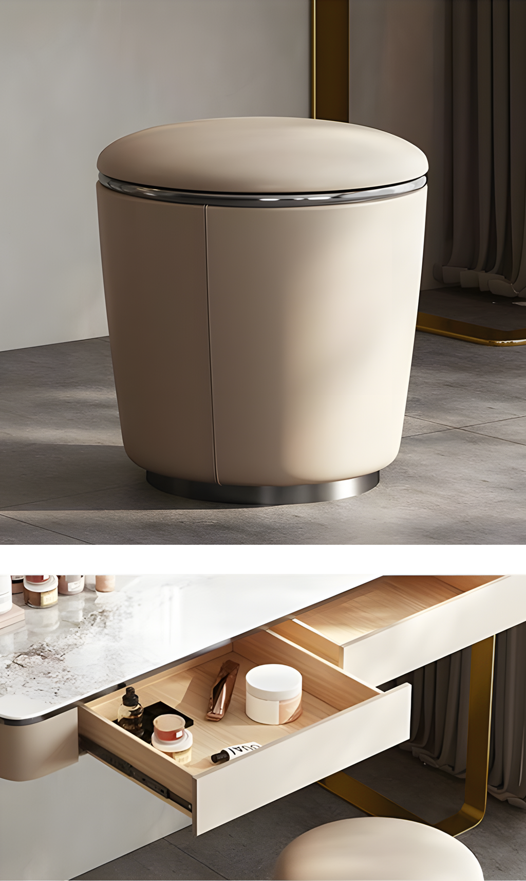 Beige ottoman with a drawer on a gray floor