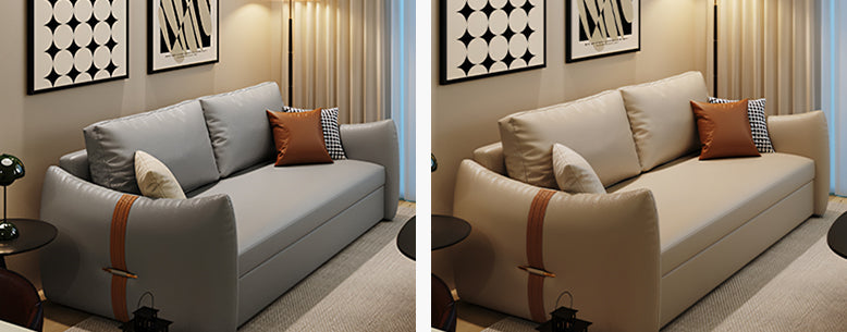 Two images of a modern living room with gray and beige sofas, decorative pillows, and side tables.