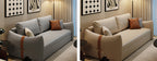 Two images of a modern living room with gray and beige sofas, decorative pillows, and side tables.