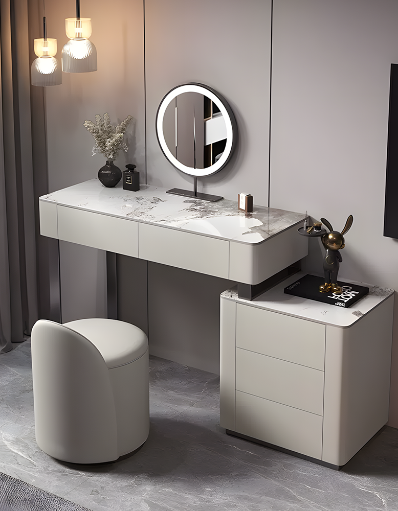 Paulina Modern Dressing Table With Drawers & LED Light, Solid Wood