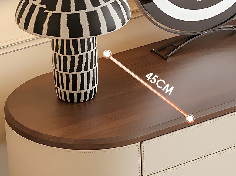 Wooden surface with a lamp and measurement label indicating 45CM