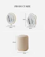 Measurement chart of a round mirror and stool on a white background