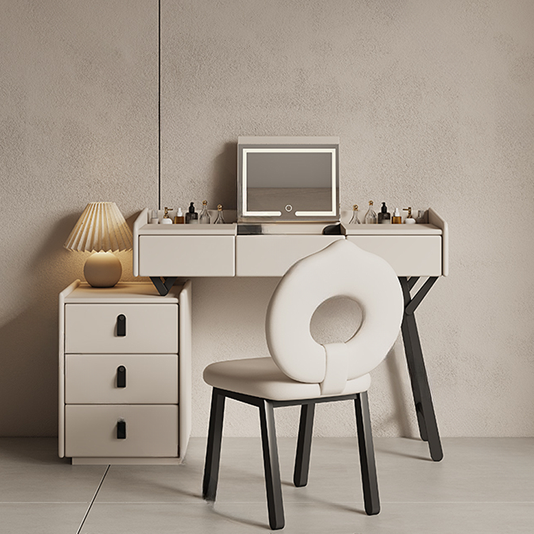 Modern vanity desk with chair against a neutral wall