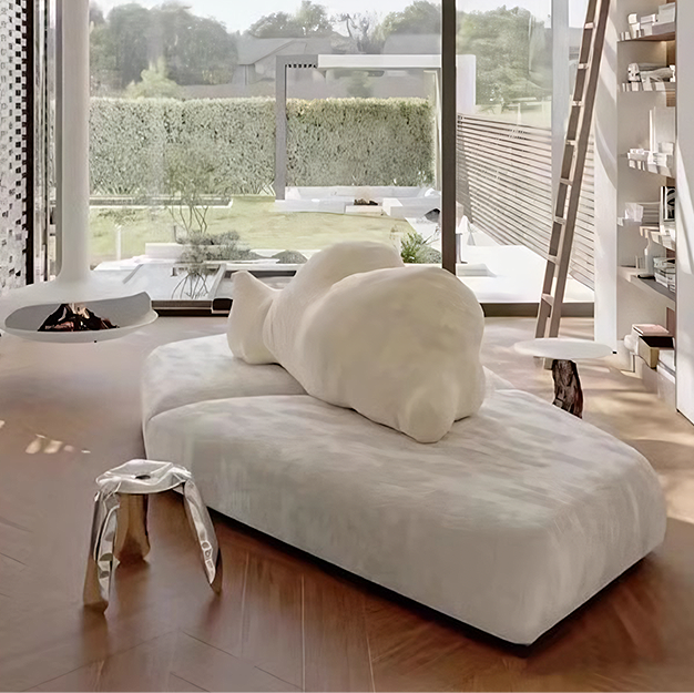 Modern living room with a white sofa and stylish decor