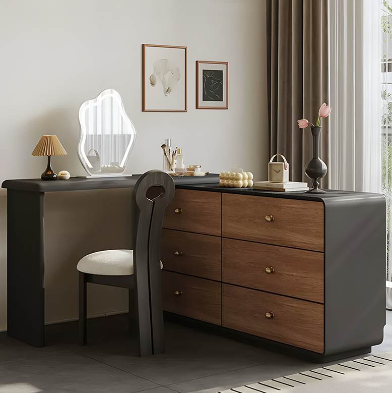 Modern home office with a desk, chair, and decorative elements.