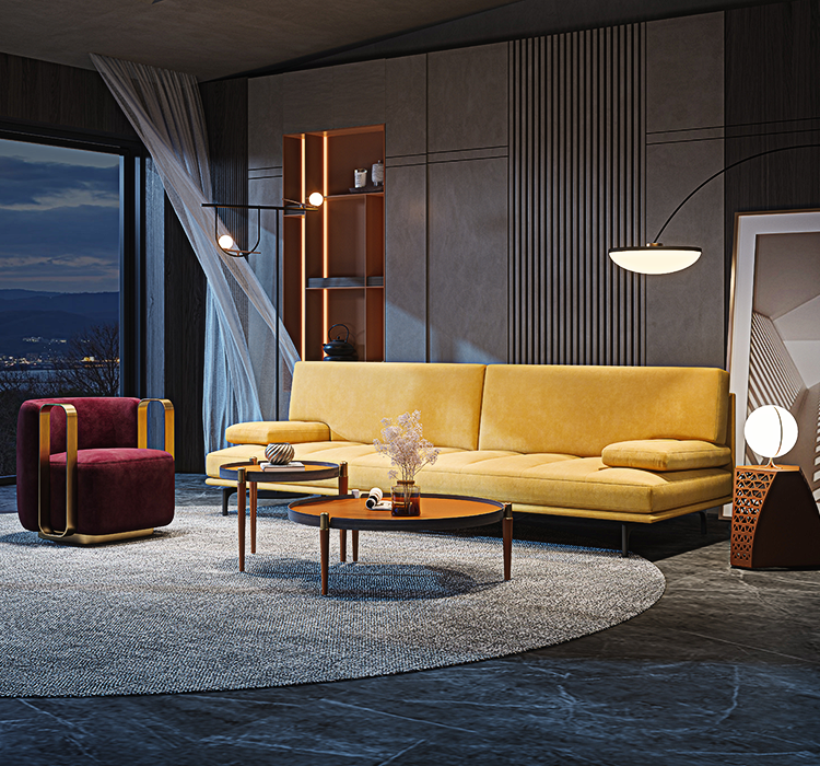 Modern living room with yellow sofa, red armchair, and wooden coffee table.