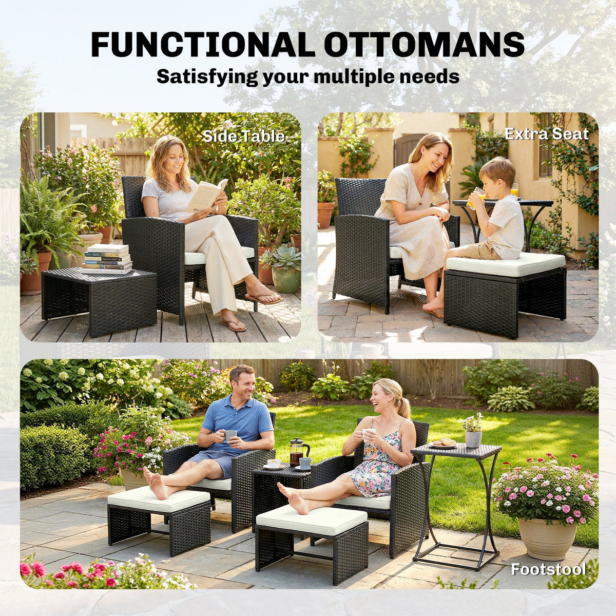 Outsunny 6 Piece Rattan Garden Furniture, Space-Saving Patio Furniture Set with Nesting Tables, Chairs, Stools, Cushions, Black