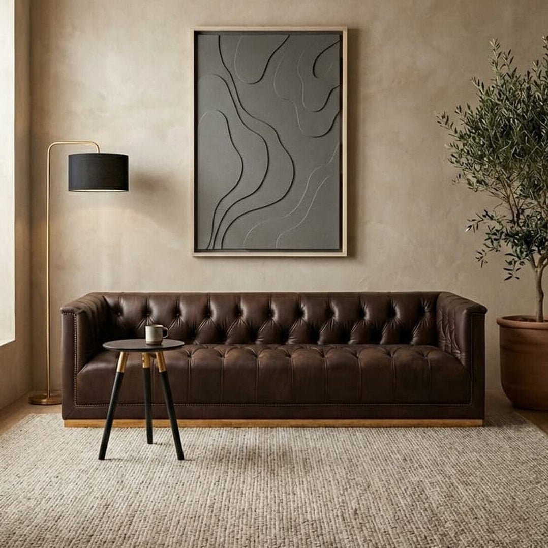 3 Seater Modern Chesterfield Dark Brown Leather Sofa, King - MOOAZAA