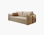 Beige sofa with decorative pillows on a white background
