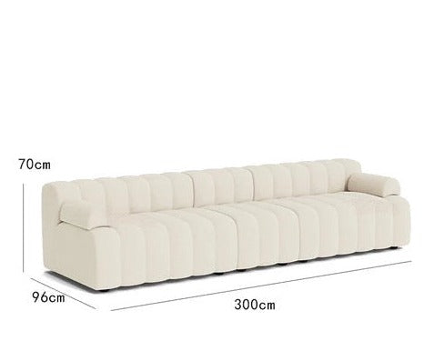 Beige sofa with dimensions labeled on a white background
