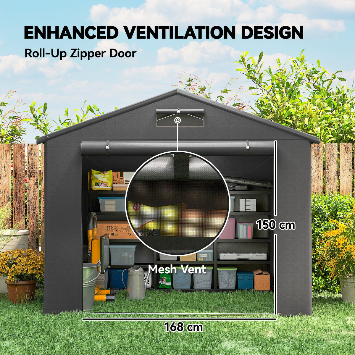 Outsunny 8 x 6 ft Outdoor Garden Storage Shed, Waterproof Bike Tent with Roll-Up Zipper Door, Dark Grey