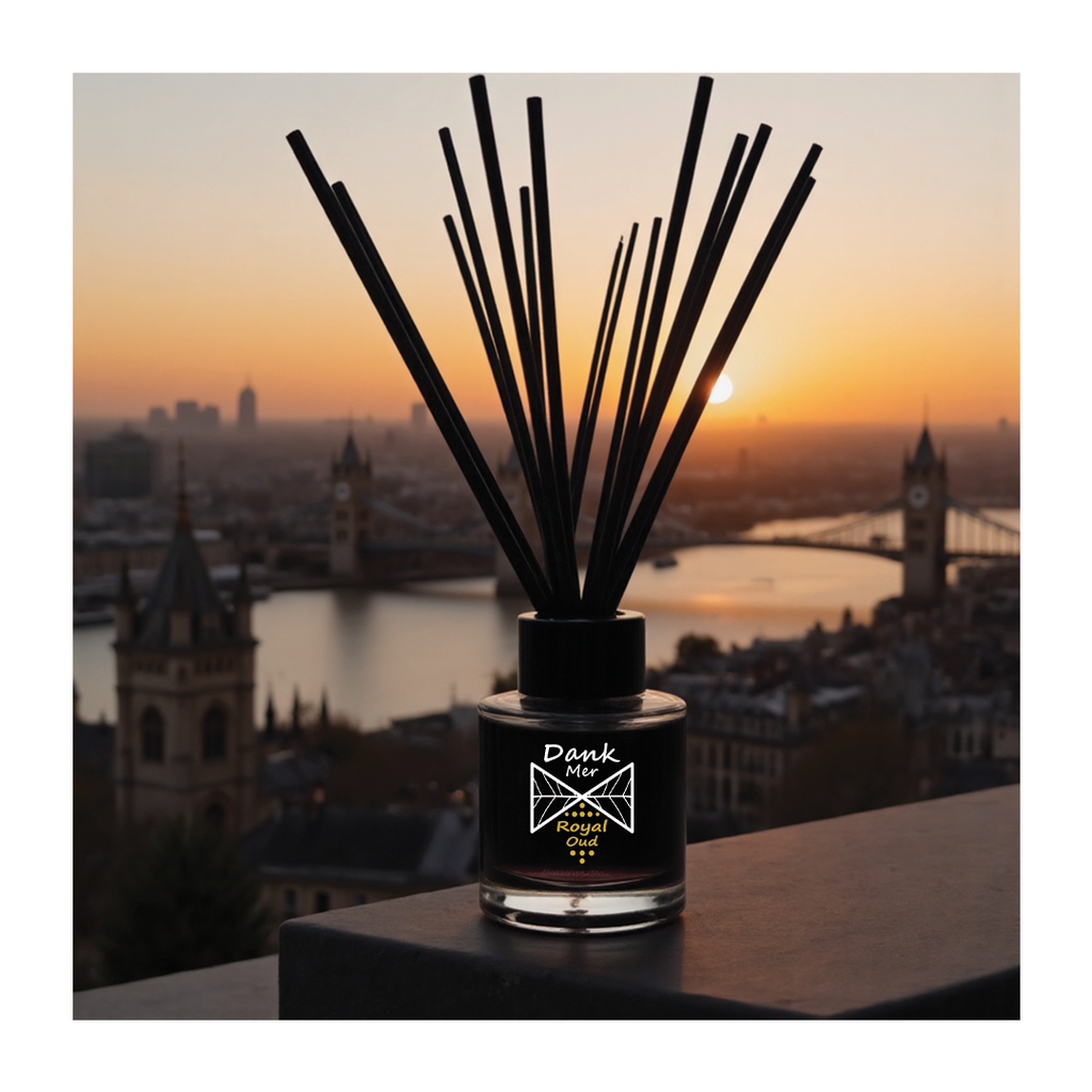 Diffuser with sticks against a sunset cityscape background