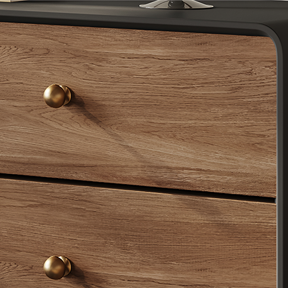 Wooden drawer with gold knobs on a black frame