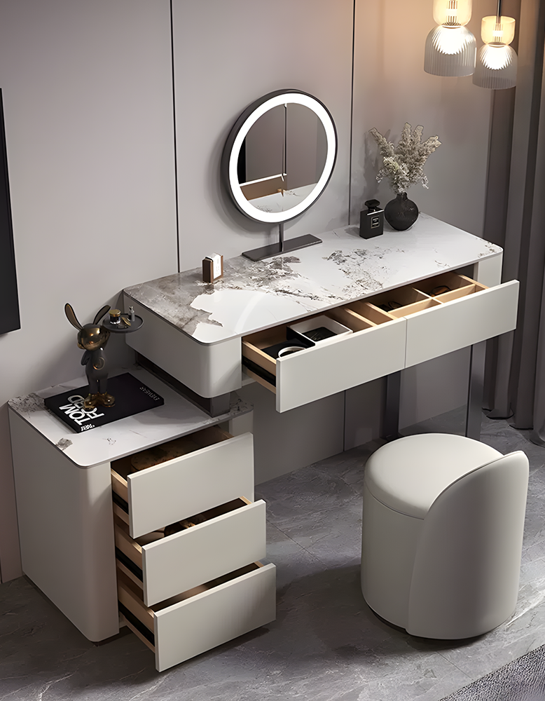 Paulina Modern Dressing Table With Drawers & LED Light, Solid Wood